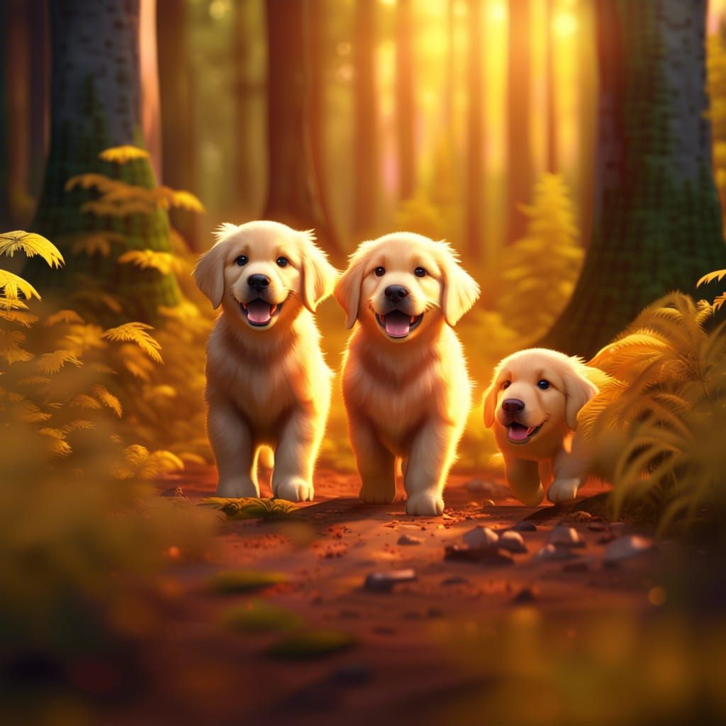 Golden Retriever Puppies Forest Walk: 3D Digital Art