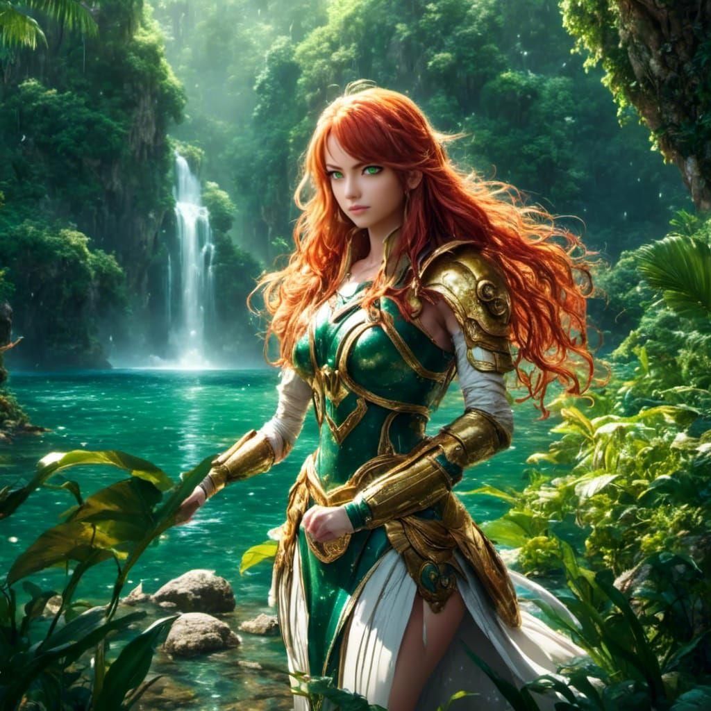 Erza anime model bautiful face, big green and gold eyes, lon...