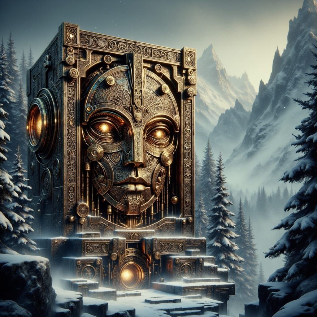 dwemerpunk, tower trees, Snow-mountains,<lora:Dwemerpunk:1.0> in frost-kissed, skyrimscape, hidden-art machinery infused with encrypted rune...
