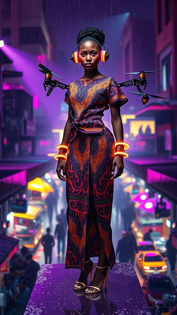 Black model commanding a floating runway in cyberpunk Johannesburg.