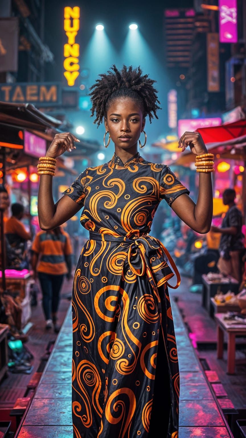 Black model commanding a floating runway in cyberpunk Johannesburg.