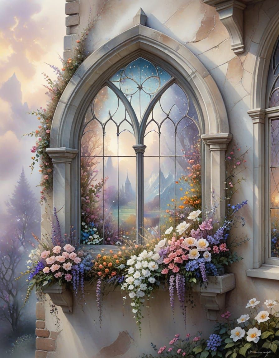 Mullioned Window with Flowers in Soft Watercolour
