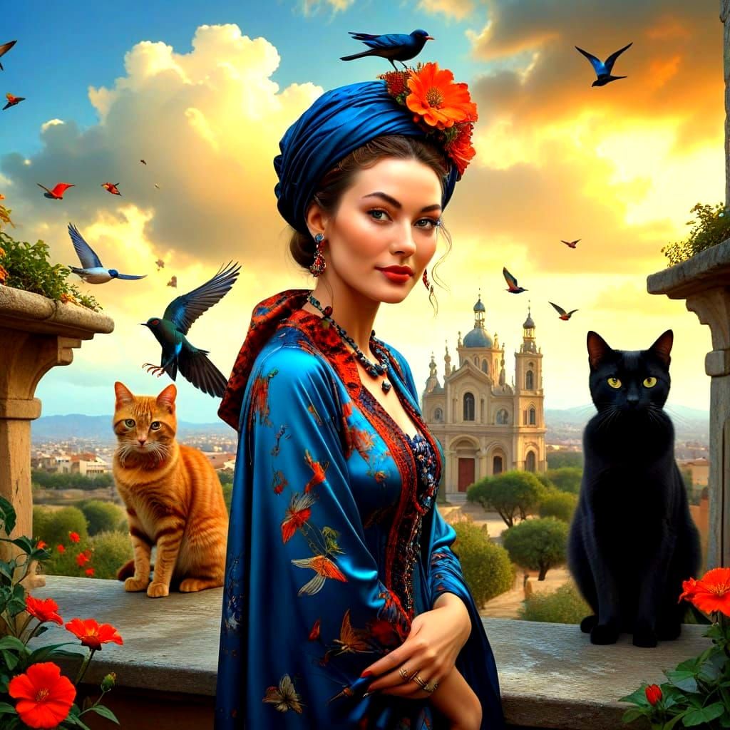Surrealistic Portrait of a Charismatic Lady with Cats and Bi...