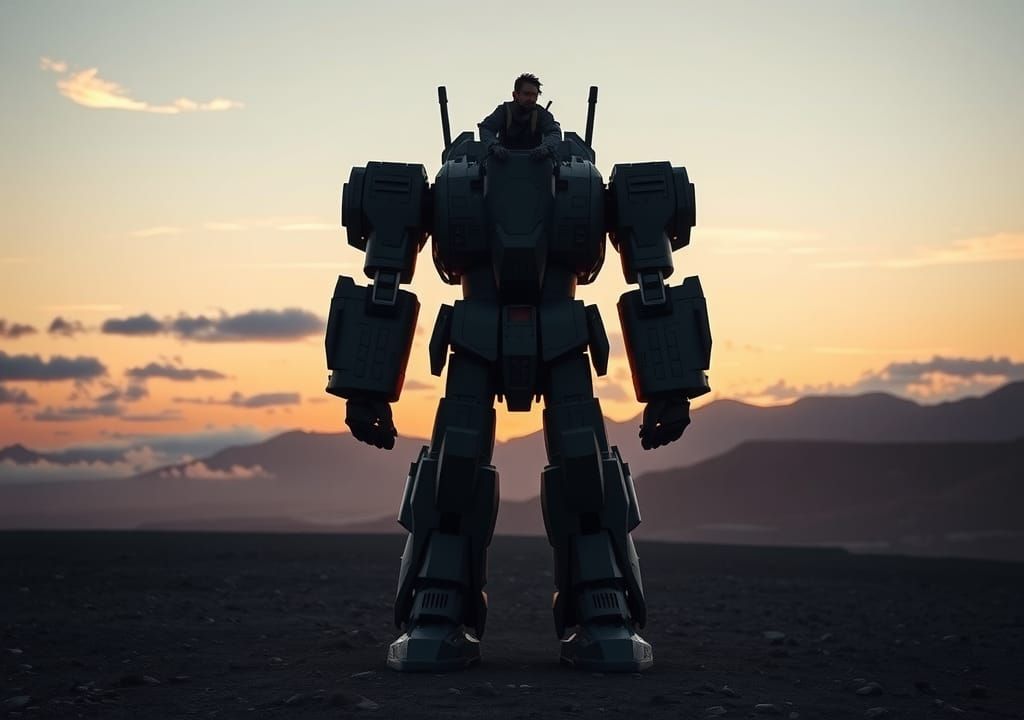 A giant robot towers over the open landscape at dusk, a pilo...