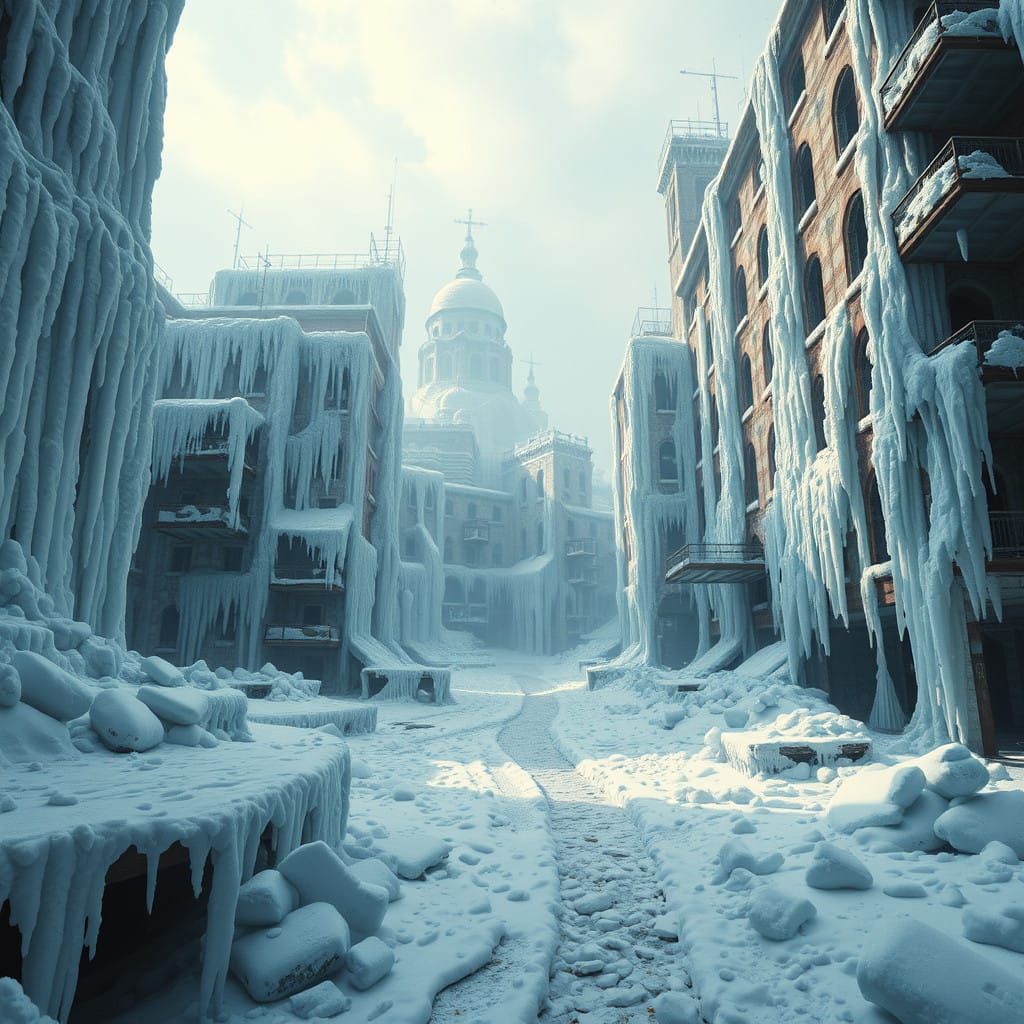 Post Apocalyptic world of ice and snow, abandoned buildings covered in ice and snow   by @Mauve Marauder