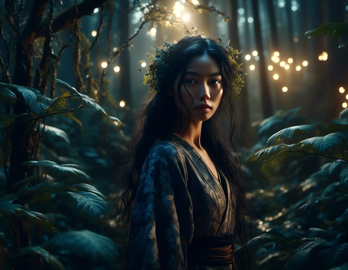 Mysterious artist girl in a Japanese forest