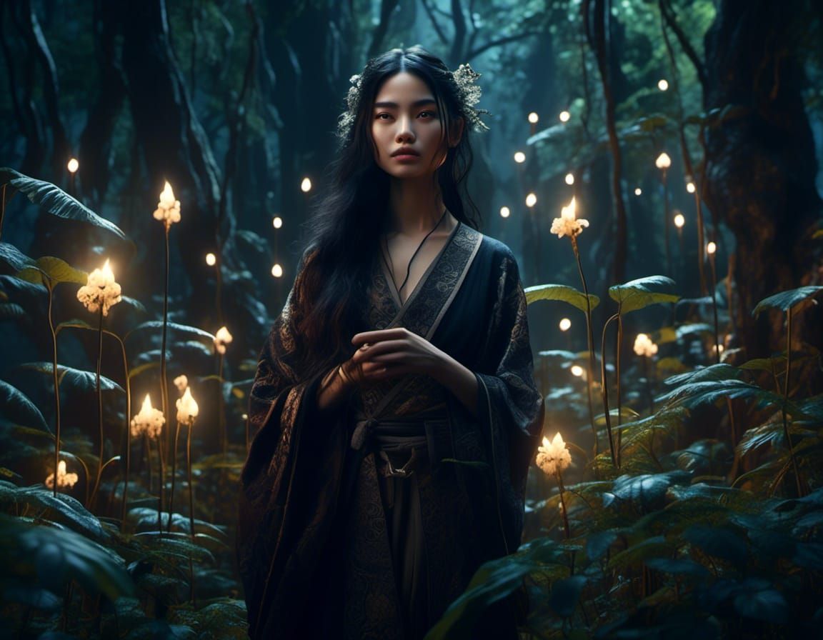 Mysterious artist girl in a Japanese forest