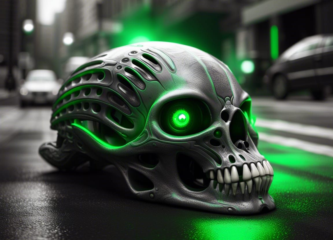 Alien Skull with Glowing Eyes in Black and White