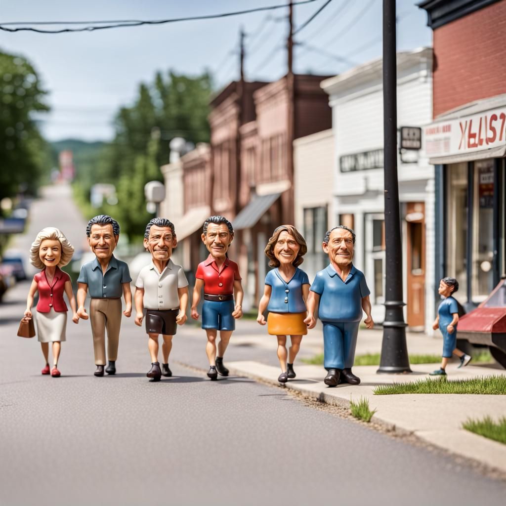 Bobblehead People walking down the street in an everyday small town ...