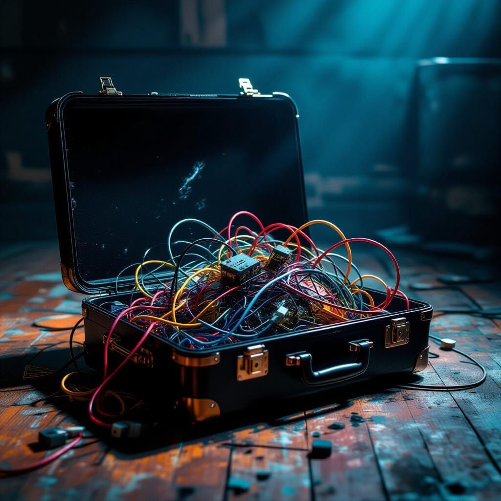 Chaotic Electronic Components Spill from Open Suitcase