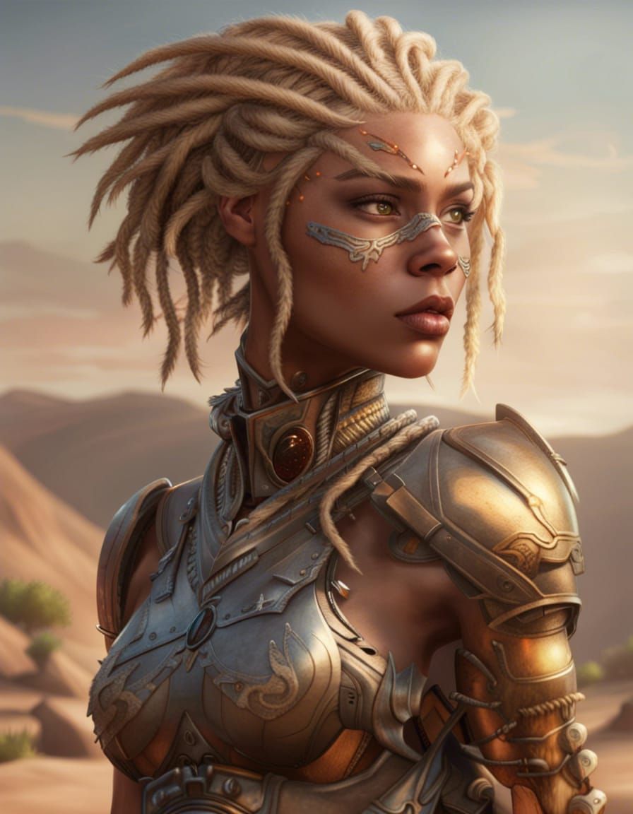 Comic warrior queen, light brown skin, blonde short dreadloc...