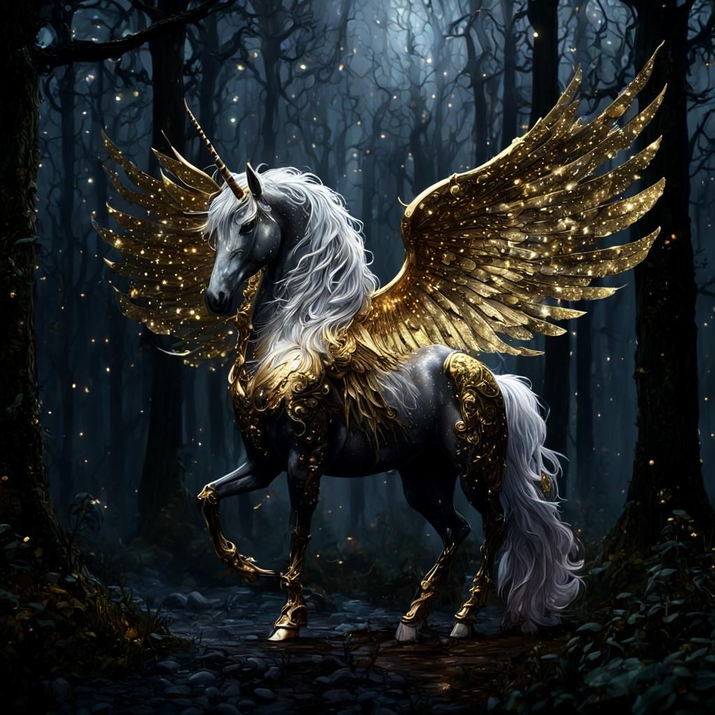 a beautiful unicorn with large gold shiny wings walking through a black forest at night, mist, detailed ...  by @AutumnBear