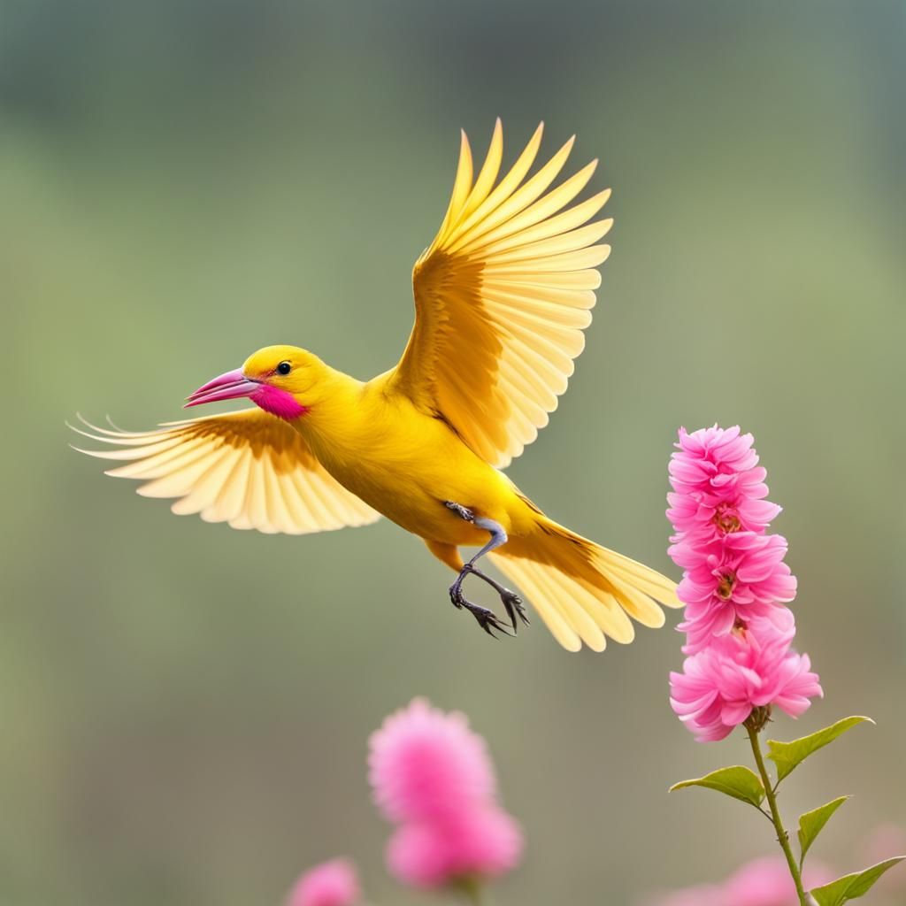 beautiful yellow bird flying while holding a pink flower ste...