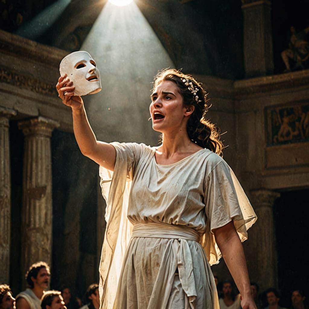 Ancient Greek Actress Holds Up a Theatrical Mask