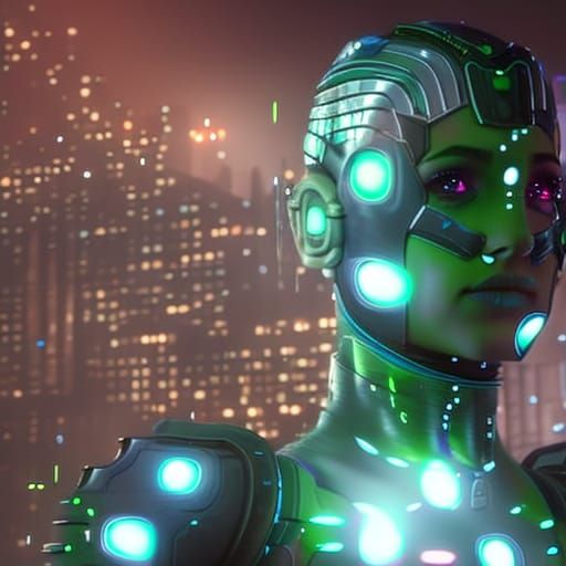 Portrait of a cyborg girl wearing futuristic face armor in a...