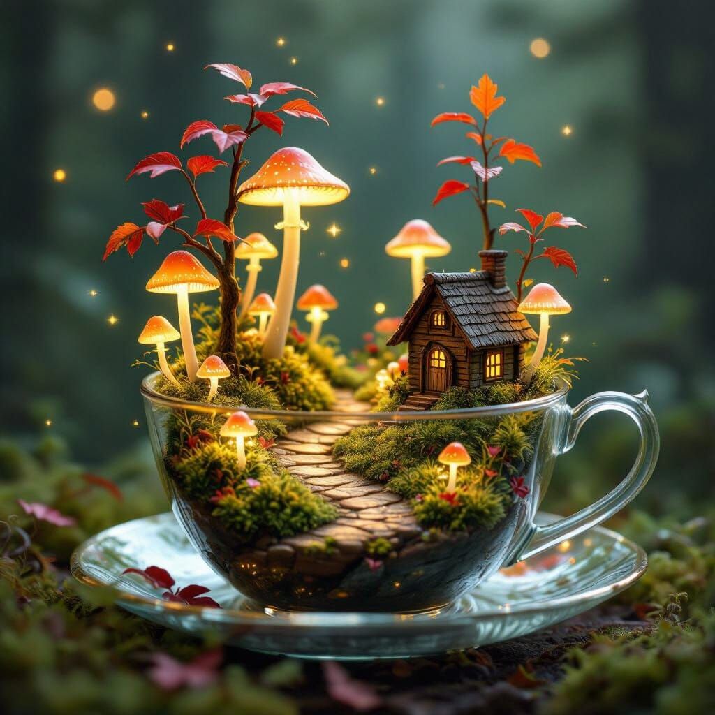A miniature enchanted forest thriving within a delicate glass teacup, with tiny, luminous mushrooms casting a soft glow on a winding path. C...