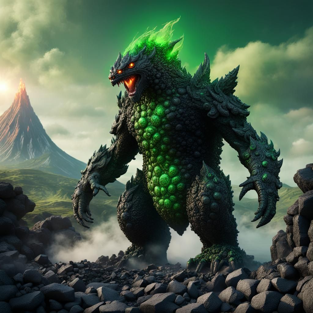 kaiju made of black rocks with green eyes, a volcano with gr...
