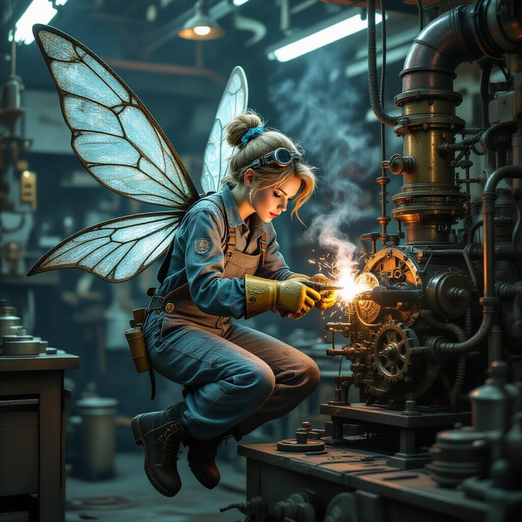 a steampunk fairy hovers in an mechanics workshop. They are wearing grey coveralls with grease stains ...  by @Dowie