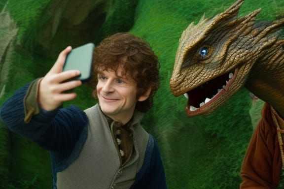 bilbo baggins taking a selfie with smaug cartoonish deep colors  by @Shadowin