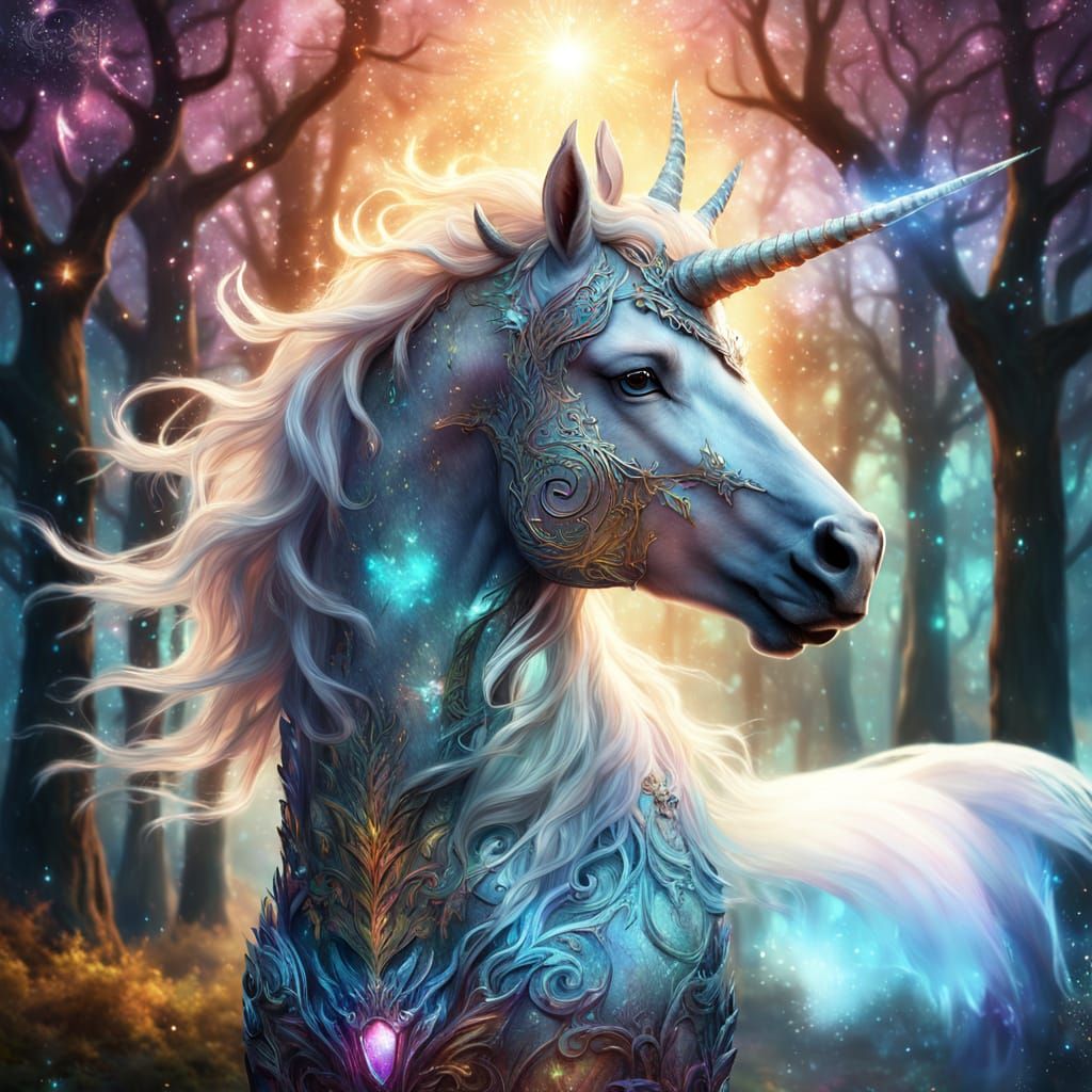 A majestic unicorn with a flowing mane of starlight stands in a hidden grove, its horn glowing with celestial ...  by @Lady