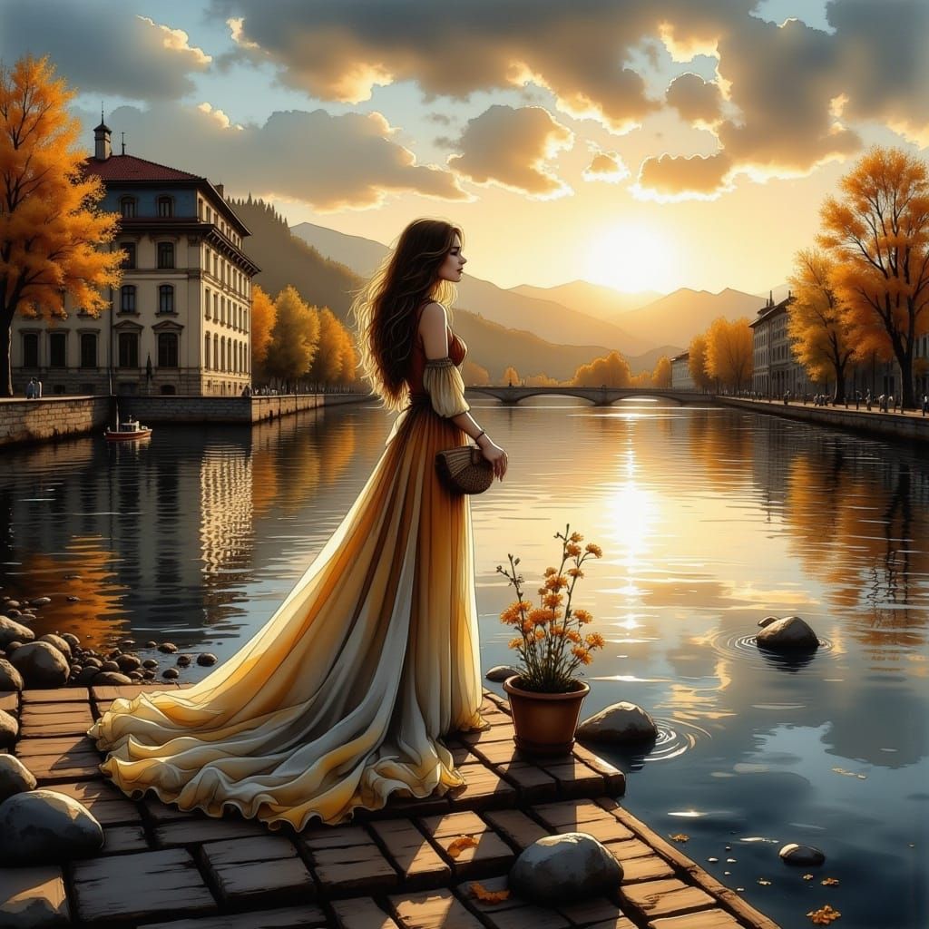  <lora:InkDrrawFlux:1.0> stunning woman in the river looking at the sun.