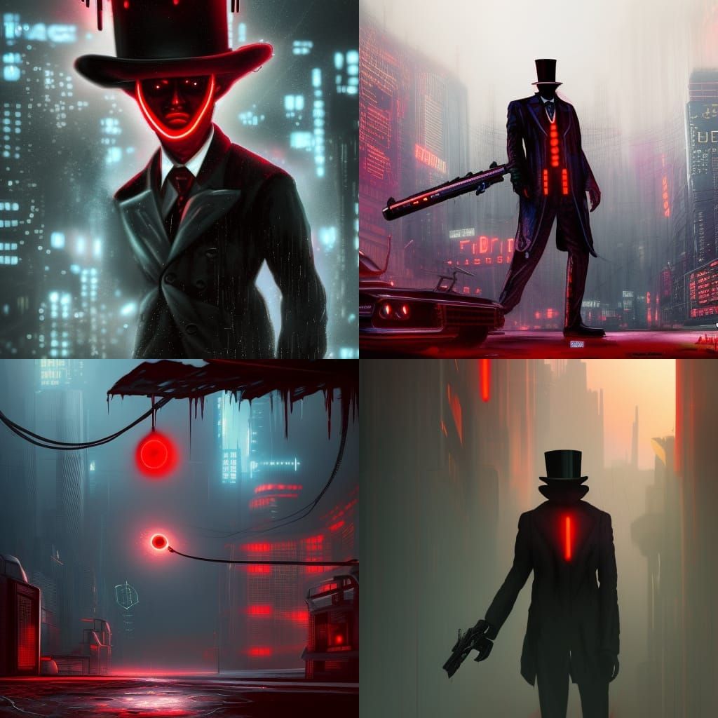 top hat shadow person with red eyes in dystopian cyberpunk environment ...