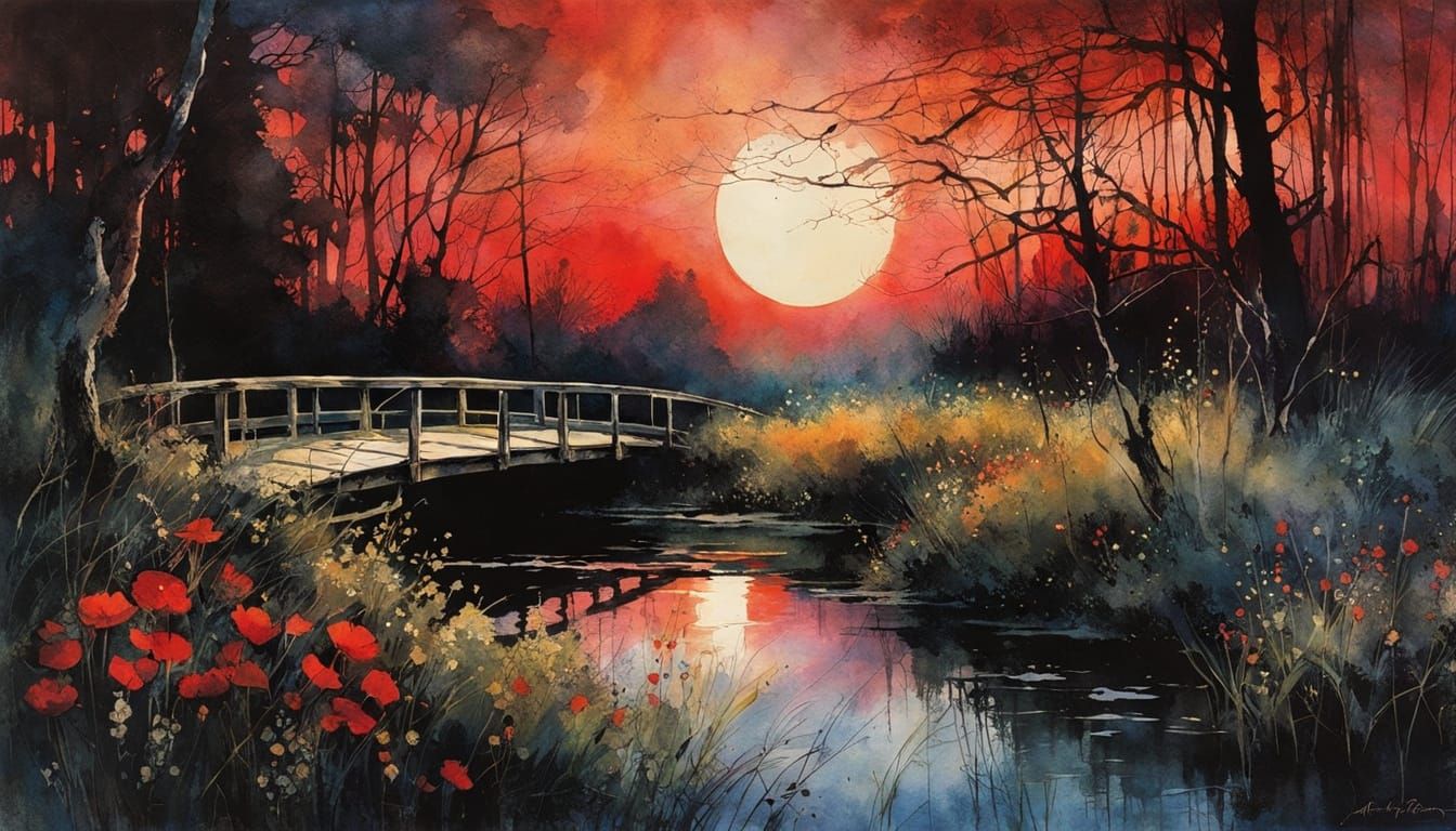 A stunning dark eclipse, celestial dramatic event, small bridge by the swampy river, wildflowers, by ...  by @Mr Classics