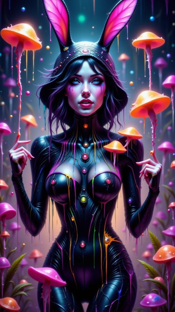 Trippy Fairy Woman Eating Glowing Mushrooms in Drippy Style