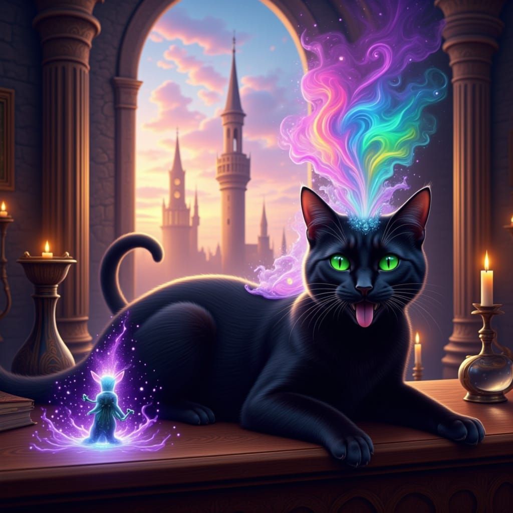 A sleek black cat with piercing emerald eyes and a playful grin, sticking its tongue out, lounges on a mystical wooden counter. A glowing wa...