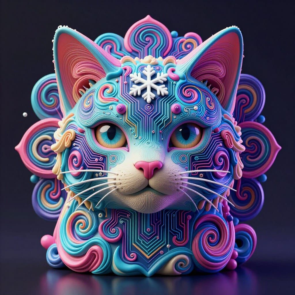 Cyberpunk Feline with Fractal Face, Neon & Circuitboard Deta...