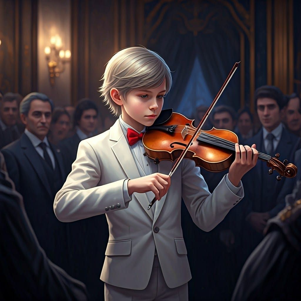 Young Virtuoso Plays Captivating Violin Solo in Elegant Tuxe...