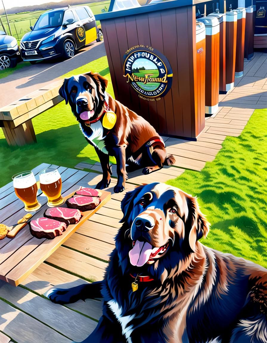 Two giant newfoudland dogs with steaks and beer,