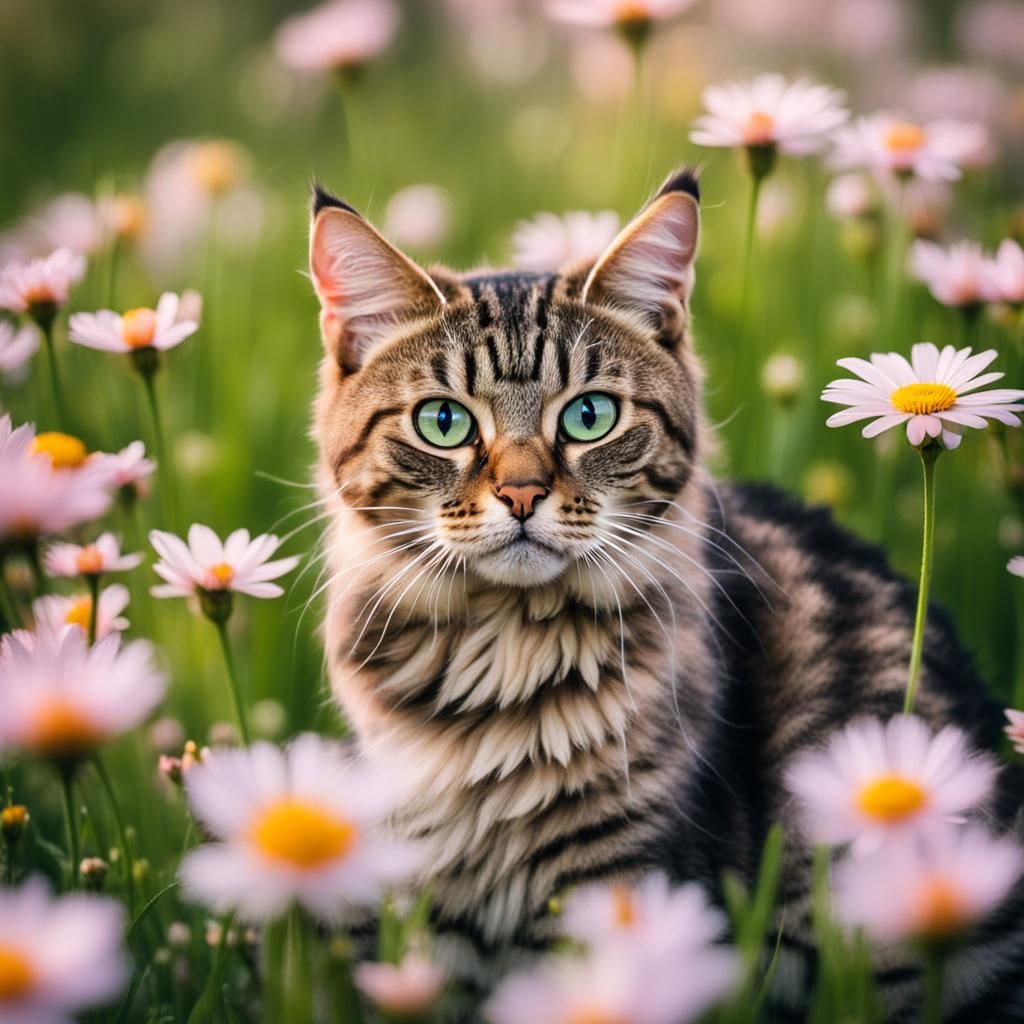 Sad-Eyed Striped Cat in Flower Meadow Photograph