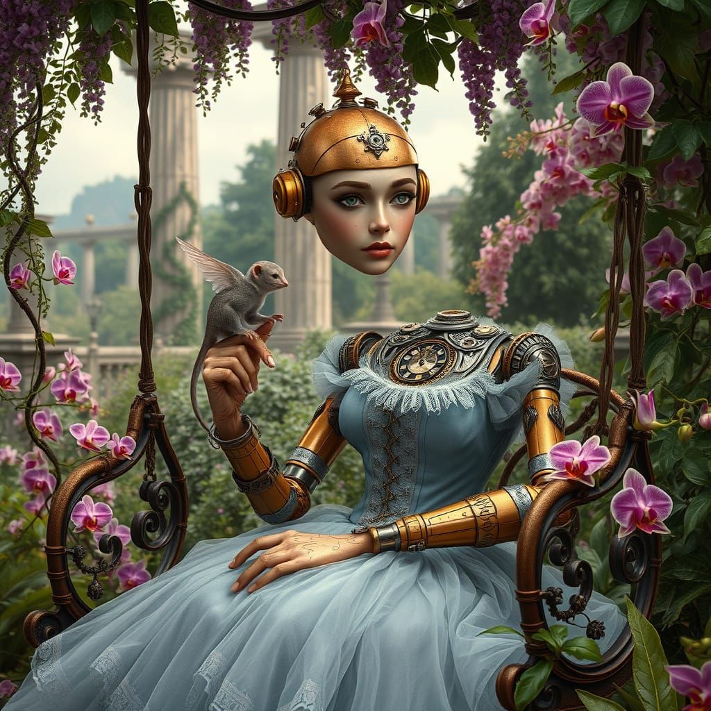 Steampunk realistic human-like android realistic part human skin face intricate beautiful robot android body robot sitti...