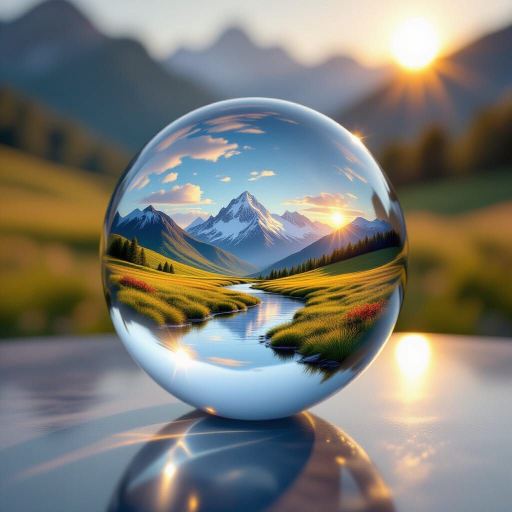 Glass Orb Reveals Serene Meadow Landscape in Monet Turner St...