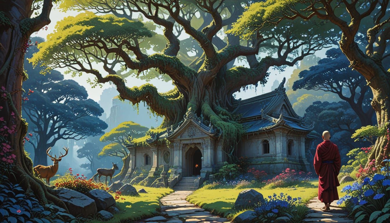 yoda temple, white stone walls, ornate carvings, flower, banyan tree, yoda, indigo blue, rainforest, vines, plants, flowers, bright clear sk...