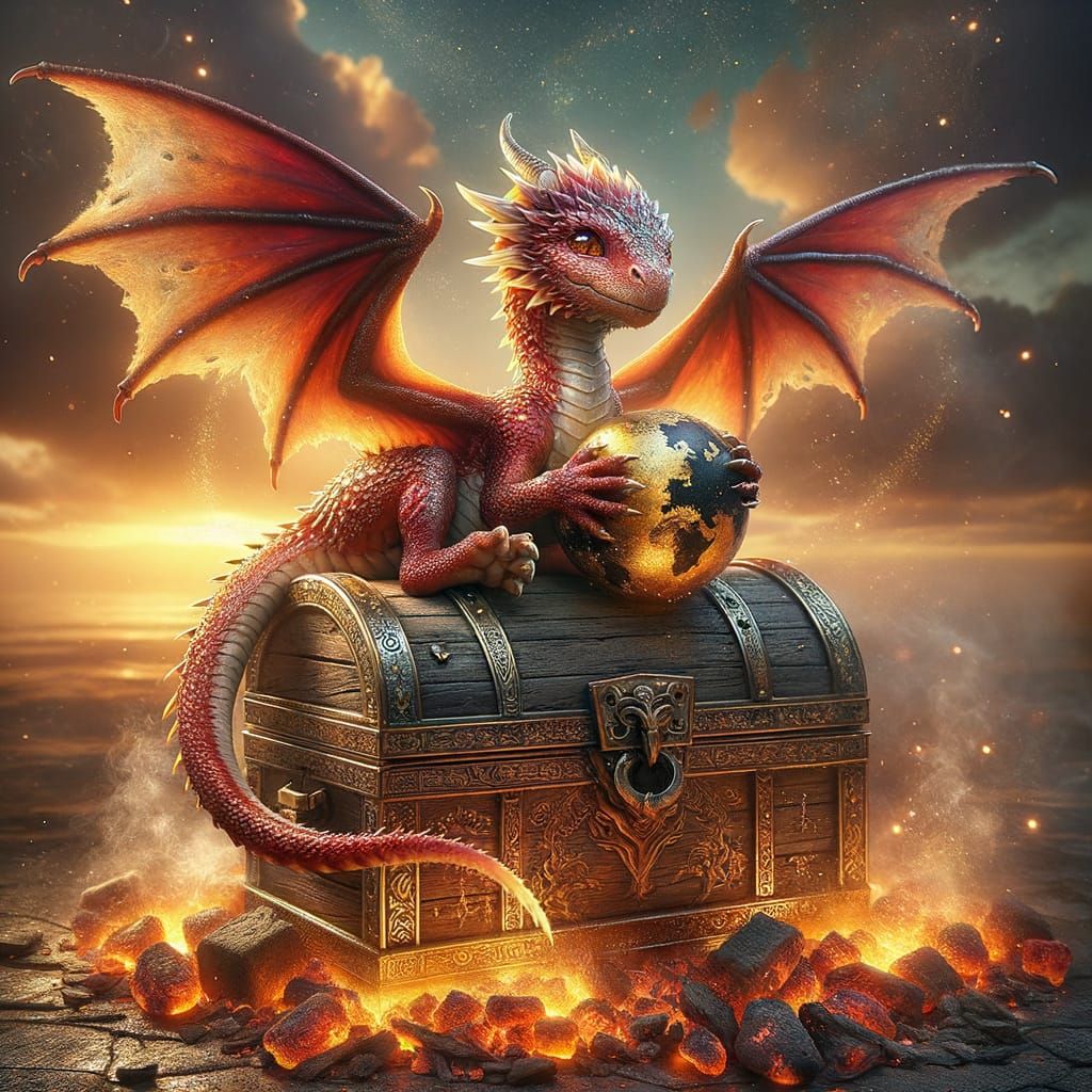 A baby dragon with shimmering scarlet-and-crimson scales lies curled atop a weathered, open treasure ...  by @Gettafix