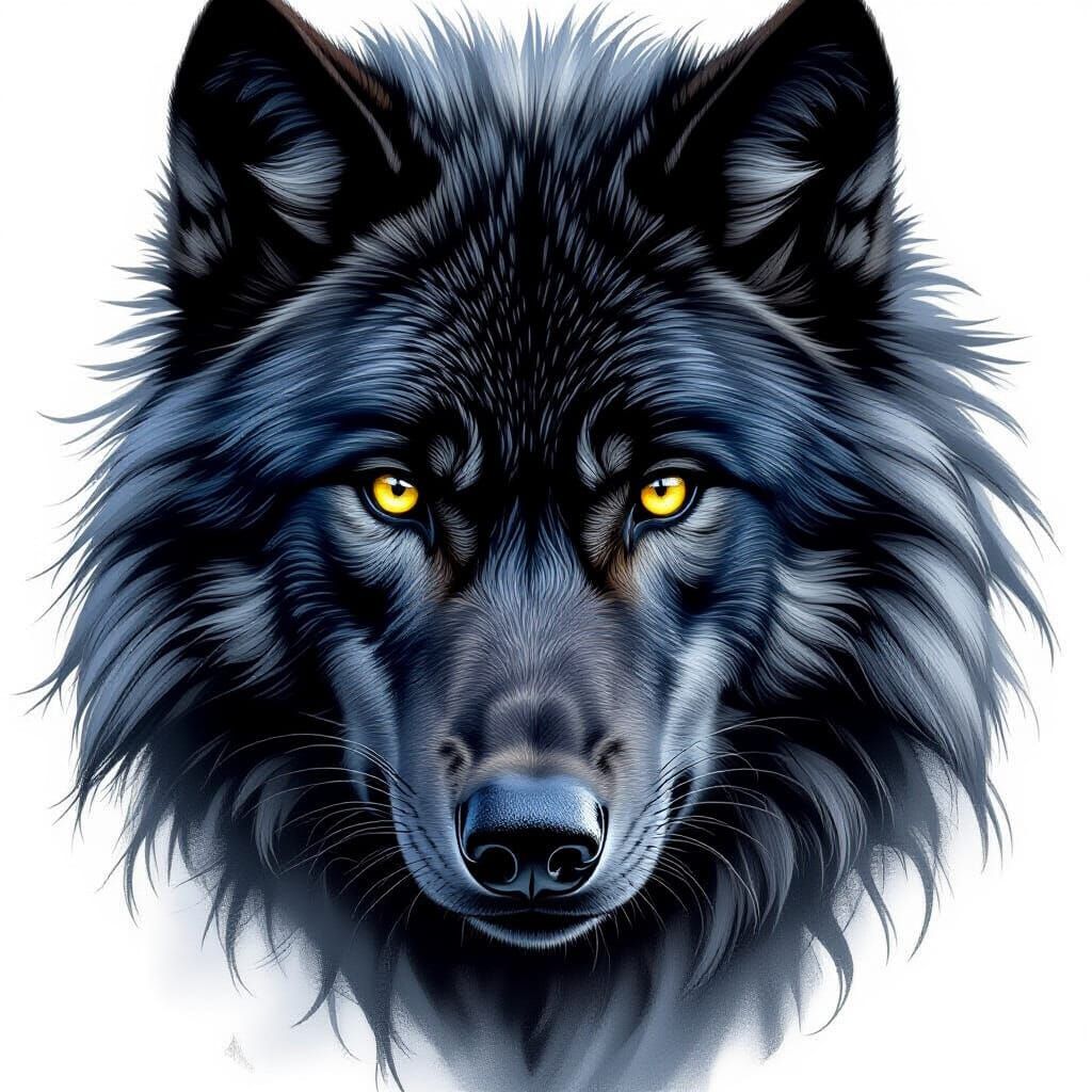 Majestic Black Wolf Portrait in Realistic Wildlife Art