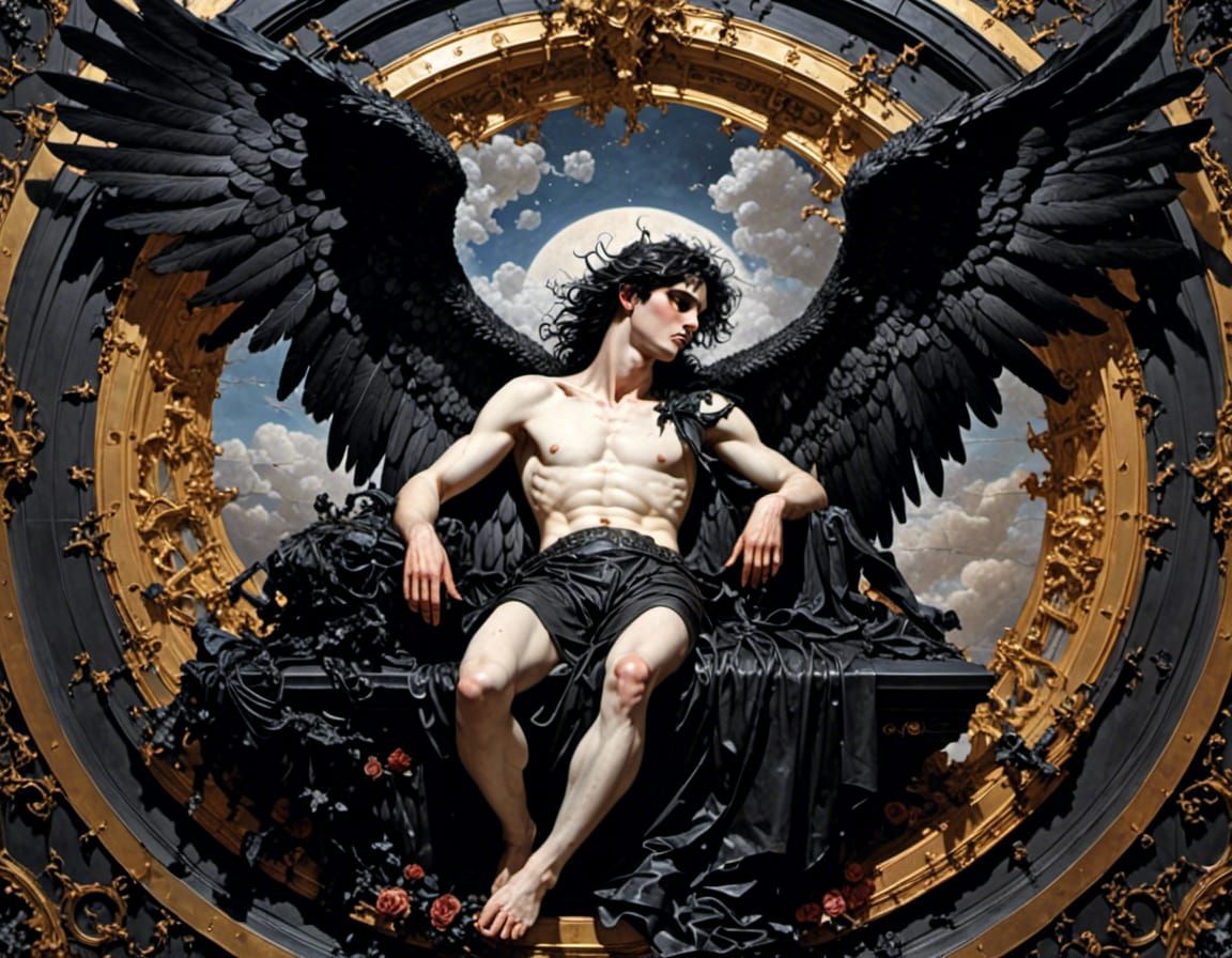 Handsome Fallen Angel, reclining in Purgatory, long hair, unbuttoned, masculine, maximalist,  hyperdetailed,  hyperrealistic <lora:Purgatory...