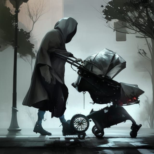 the grim reaper going for a walk with a baby stroller