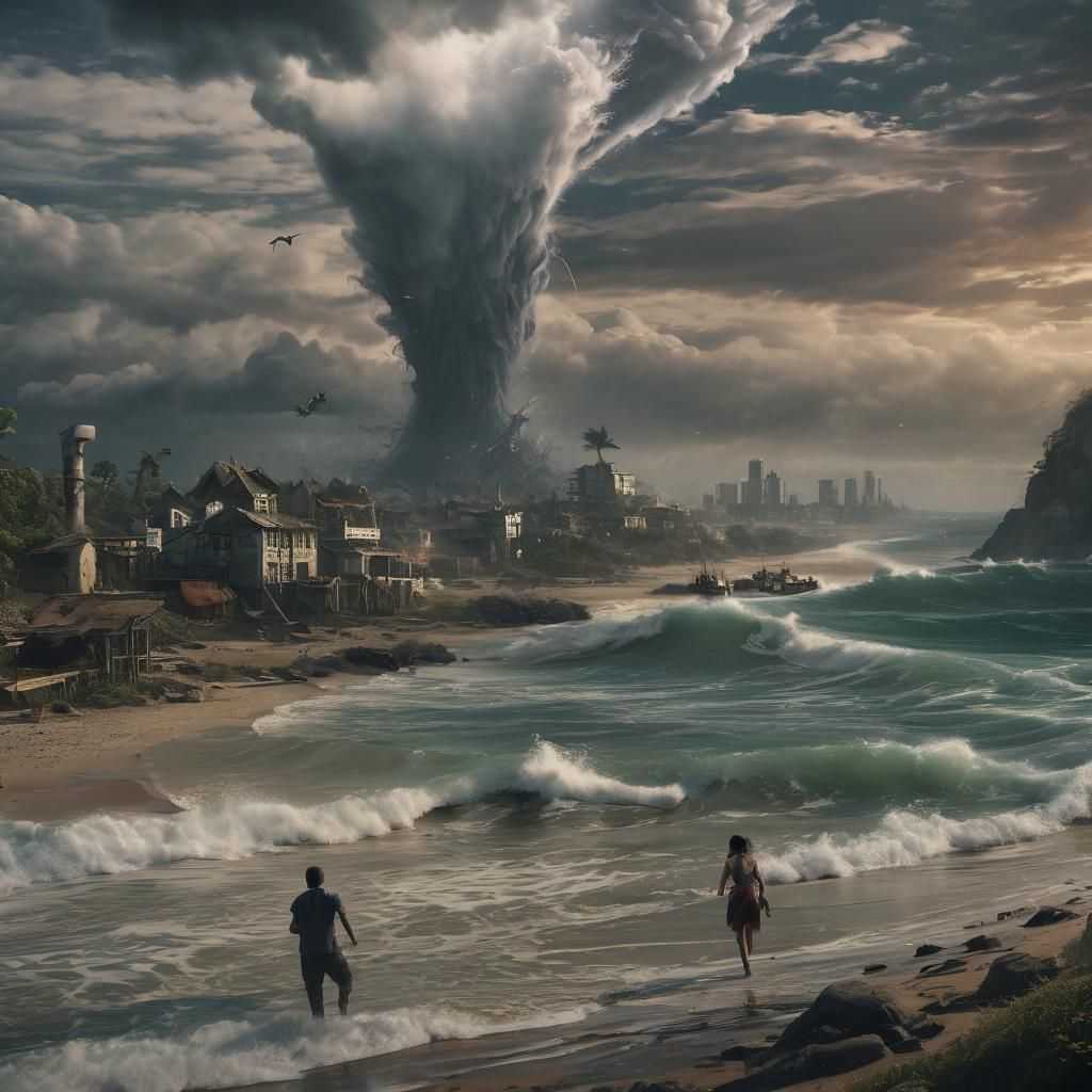 Tornado over ocean, terrorized couple running on beach