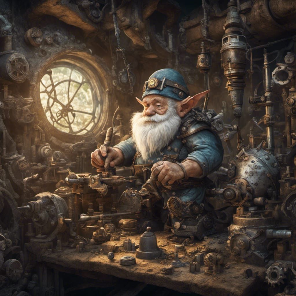 An elderly gnome artificer in his workshop.  by @Tobias Ferrari 