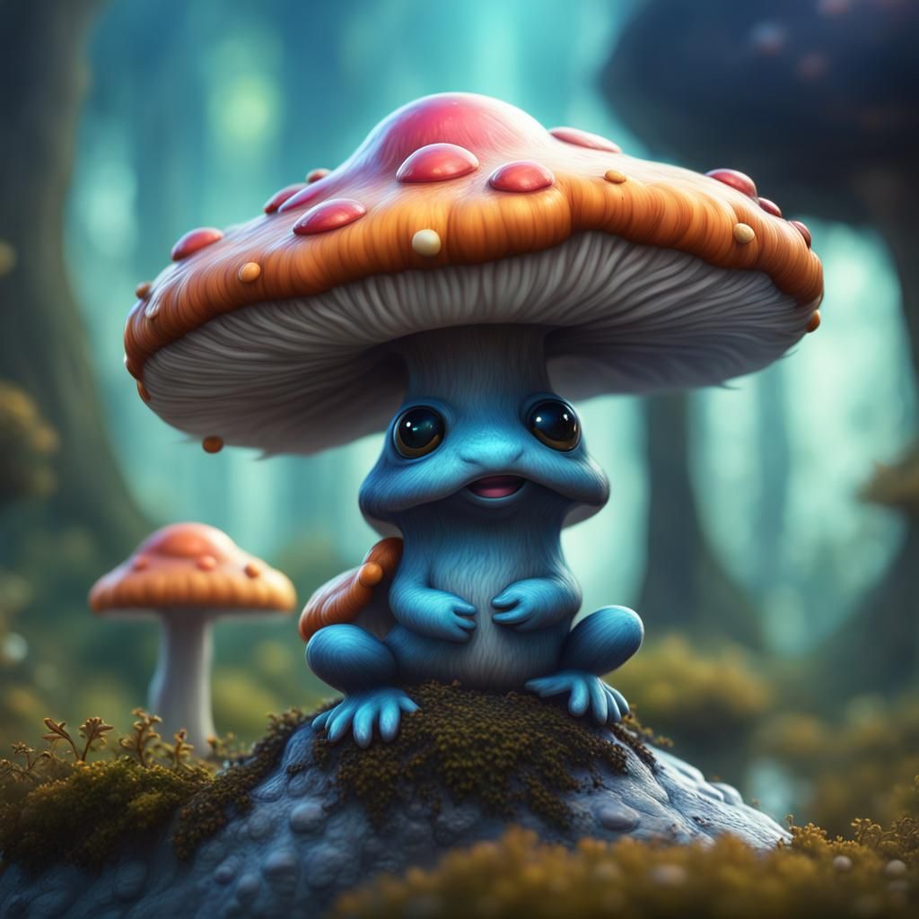 cute platipus on a mushroom realistic