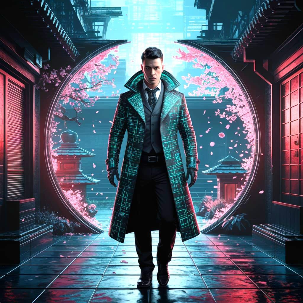 A futuristic cyberpunk detective stands in a dimly lit alleyway, emerging from a shimmering portal that leads to a tranquil, ancient Zen gar...