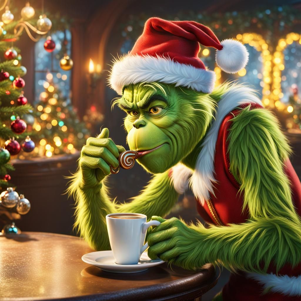 The Grinch drinking coffee in a christmas intricated bar AI