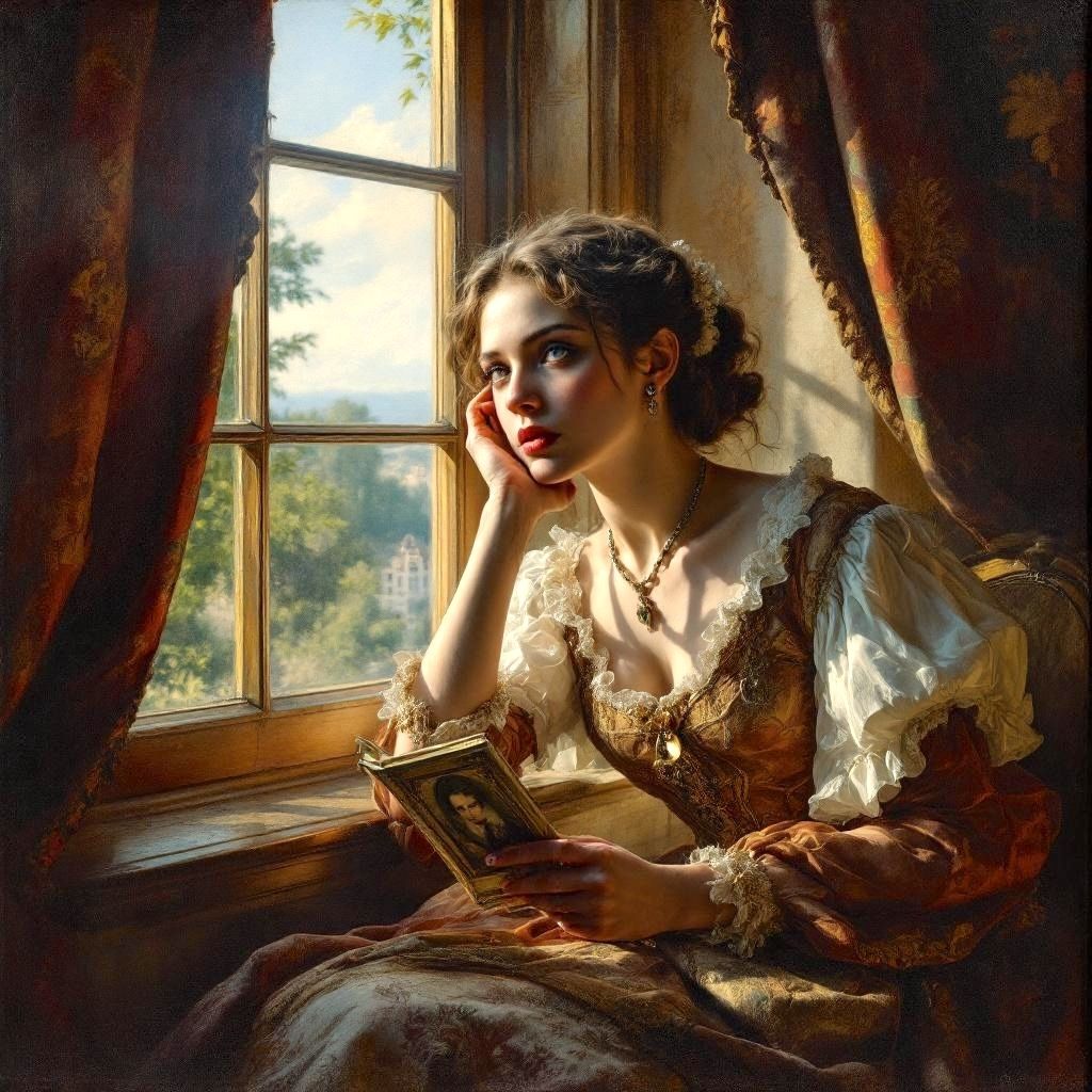 a young woman from the Renaissance period dreaming in front of a window