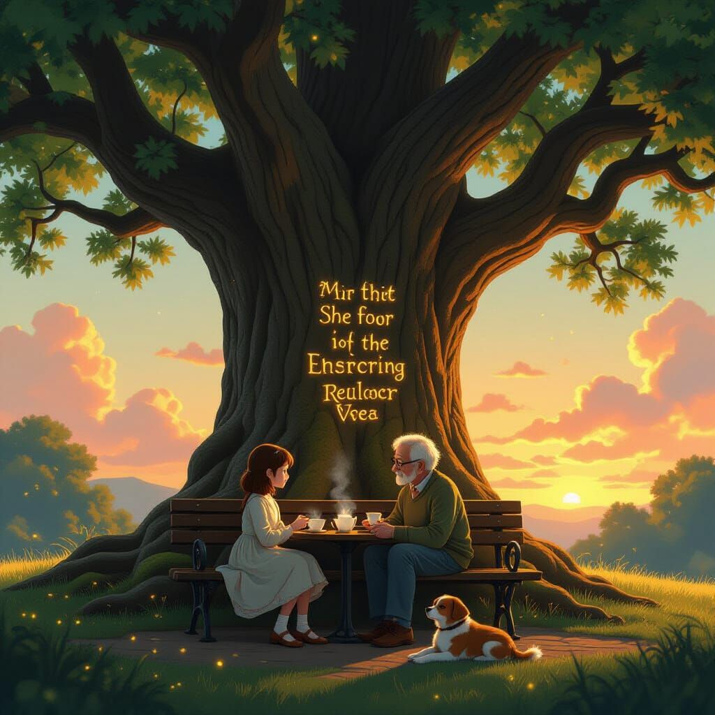 A massive, ancient oak tree at golden hour, its branches sprawling like a cathedral ceiling.