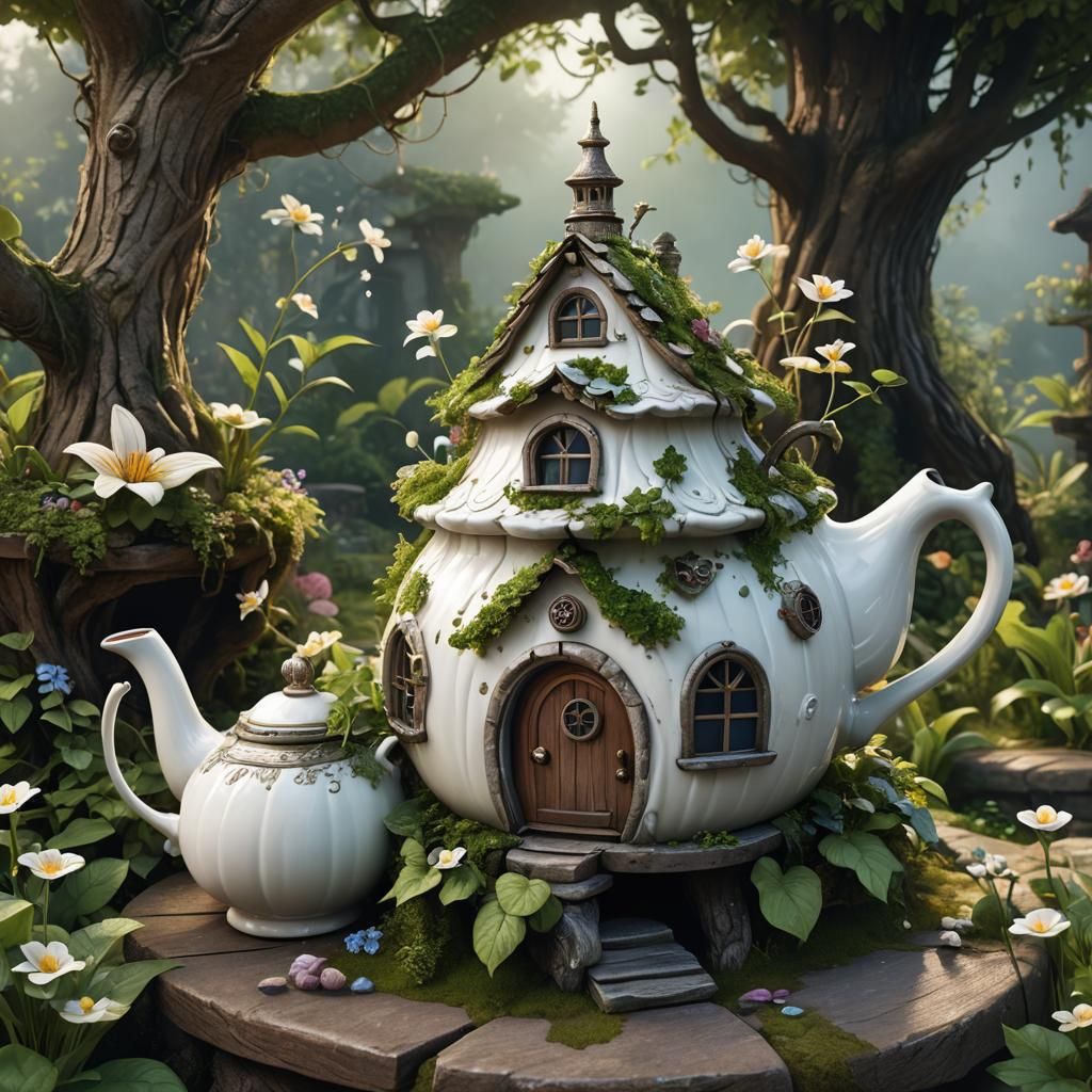 An old white teapot serving as an enchanted fairy house, make the roof on top of the teapot with green leaves, a little wooden door, decorat...