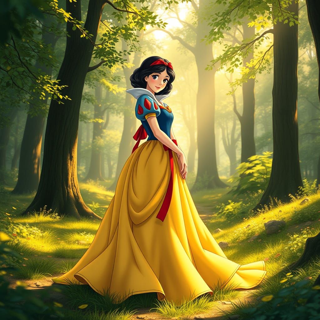 Snow White in a Whimsical Forest Landscape in Anime Style