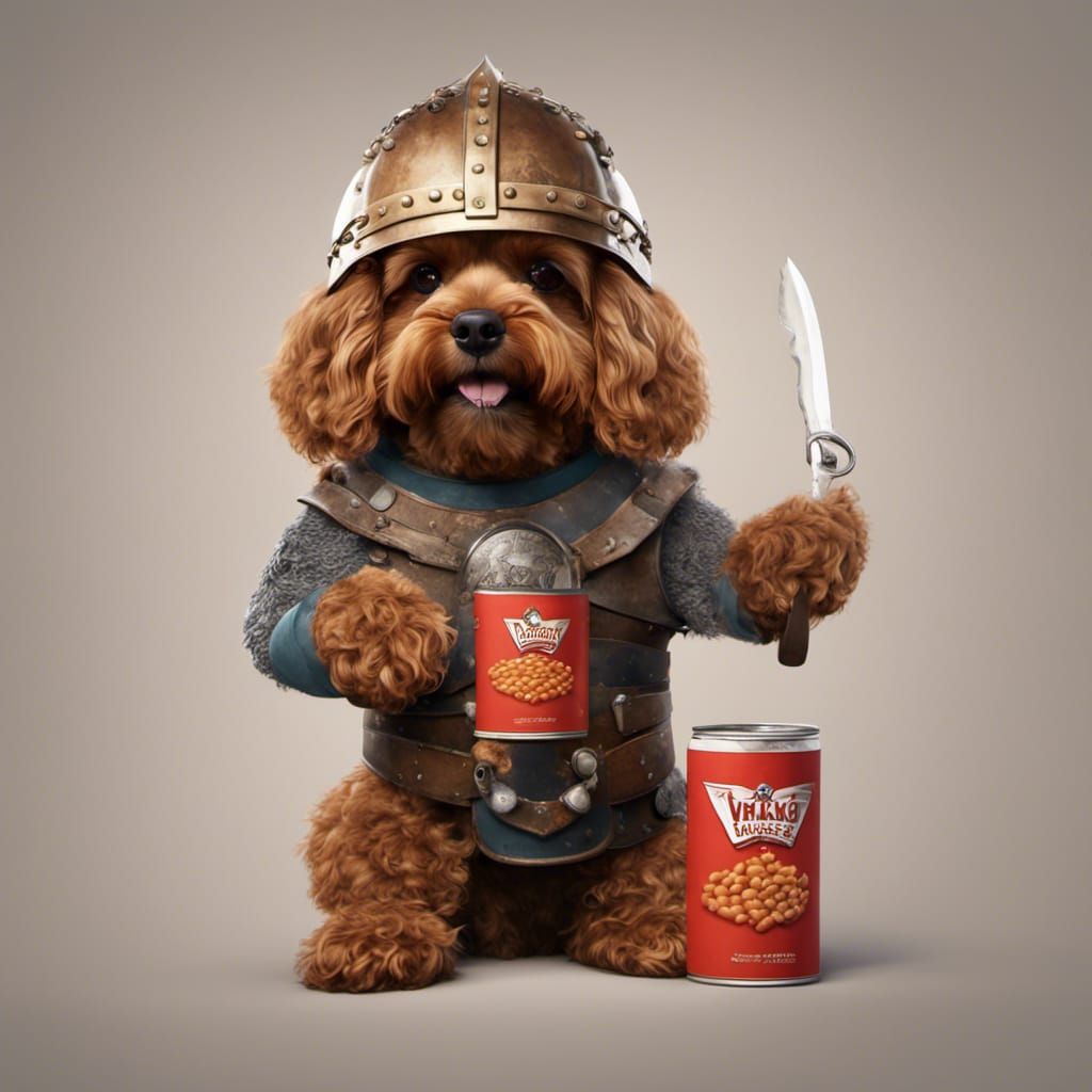 Viking Cavoodle eating a can of beans